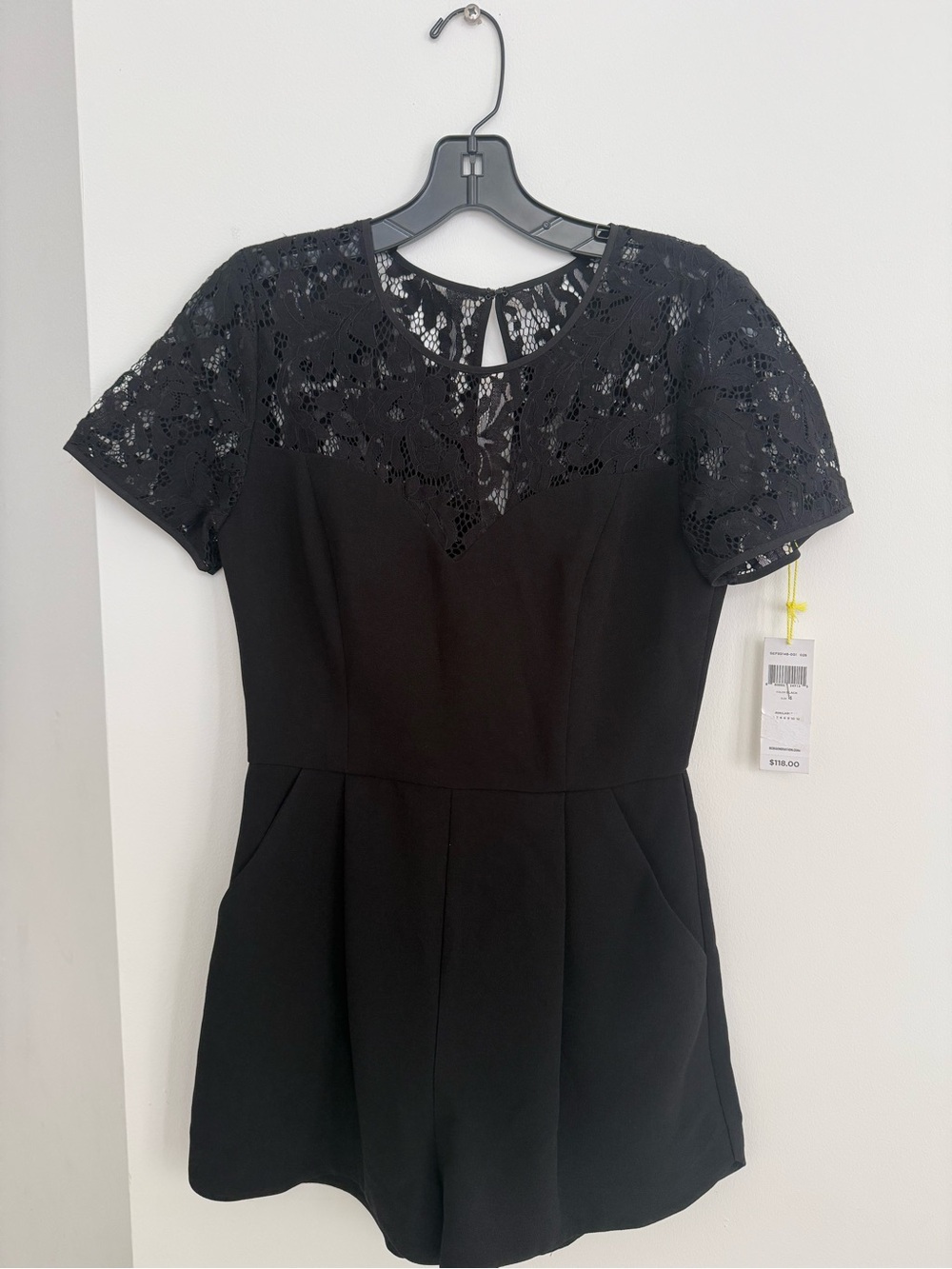 BCBGeneration Black Lace Yoke Short Sleeve Romper Dress
